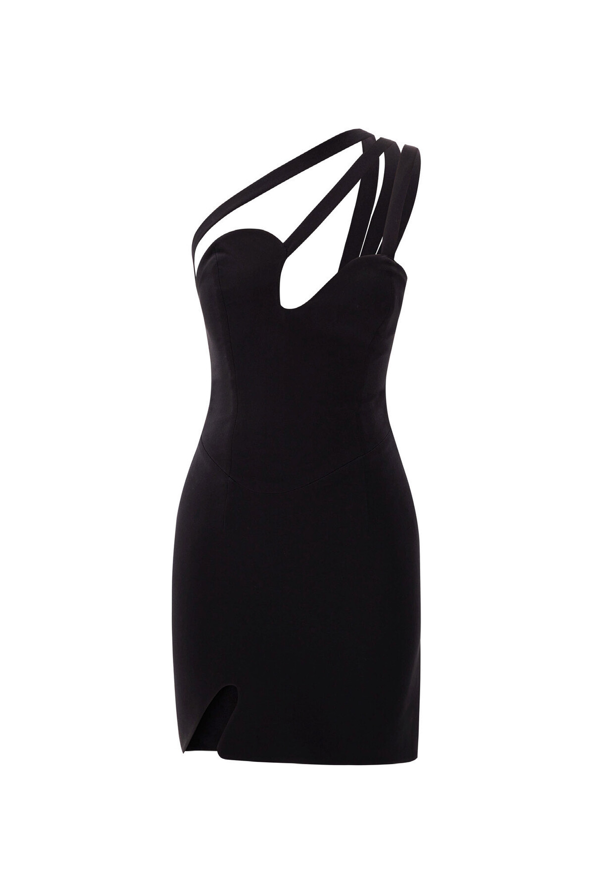 Asymmetric Strap Detailed Black Mini Dress