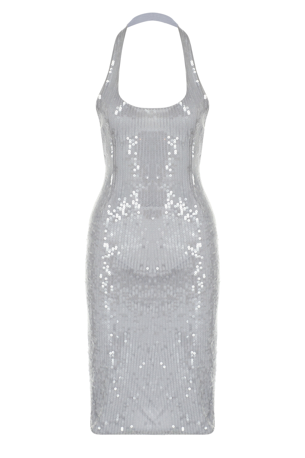CAMILA Scoop Halter Detailed Sheer Sequin Midi Dress