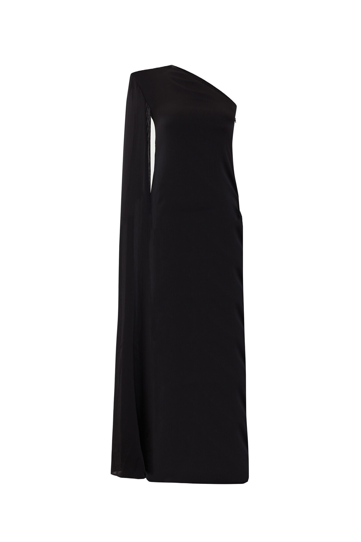 Tek Omuz Vatka Detaylı Pelerin Kol Siyah Maxi Elbise