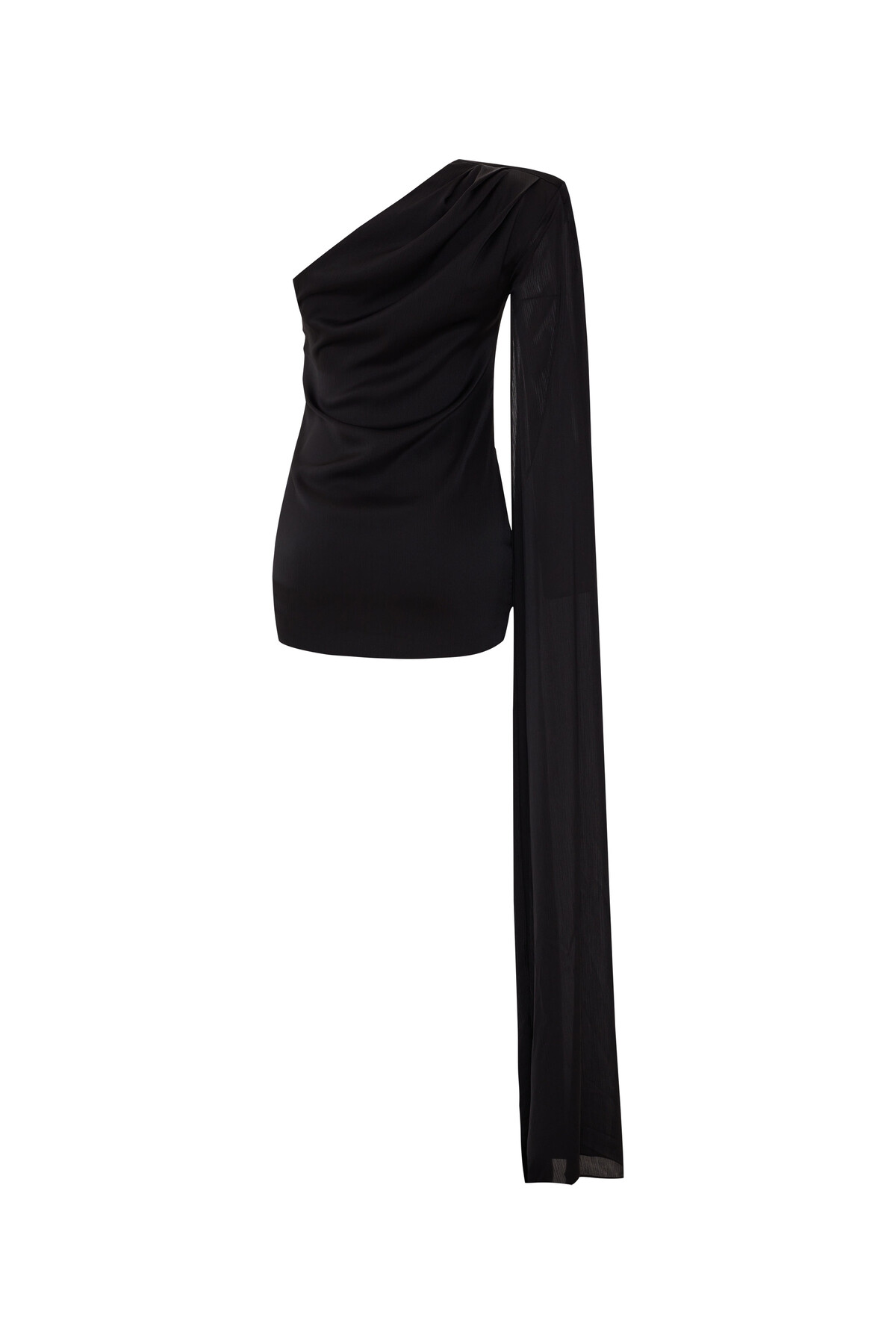 Tek Omuz Vatka Detaylı Pelerin Kol Siyah Mini Elbise