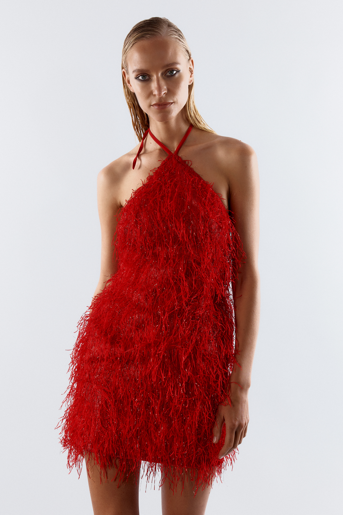 BECKY Halter Neck Feathered Red Mini Dress