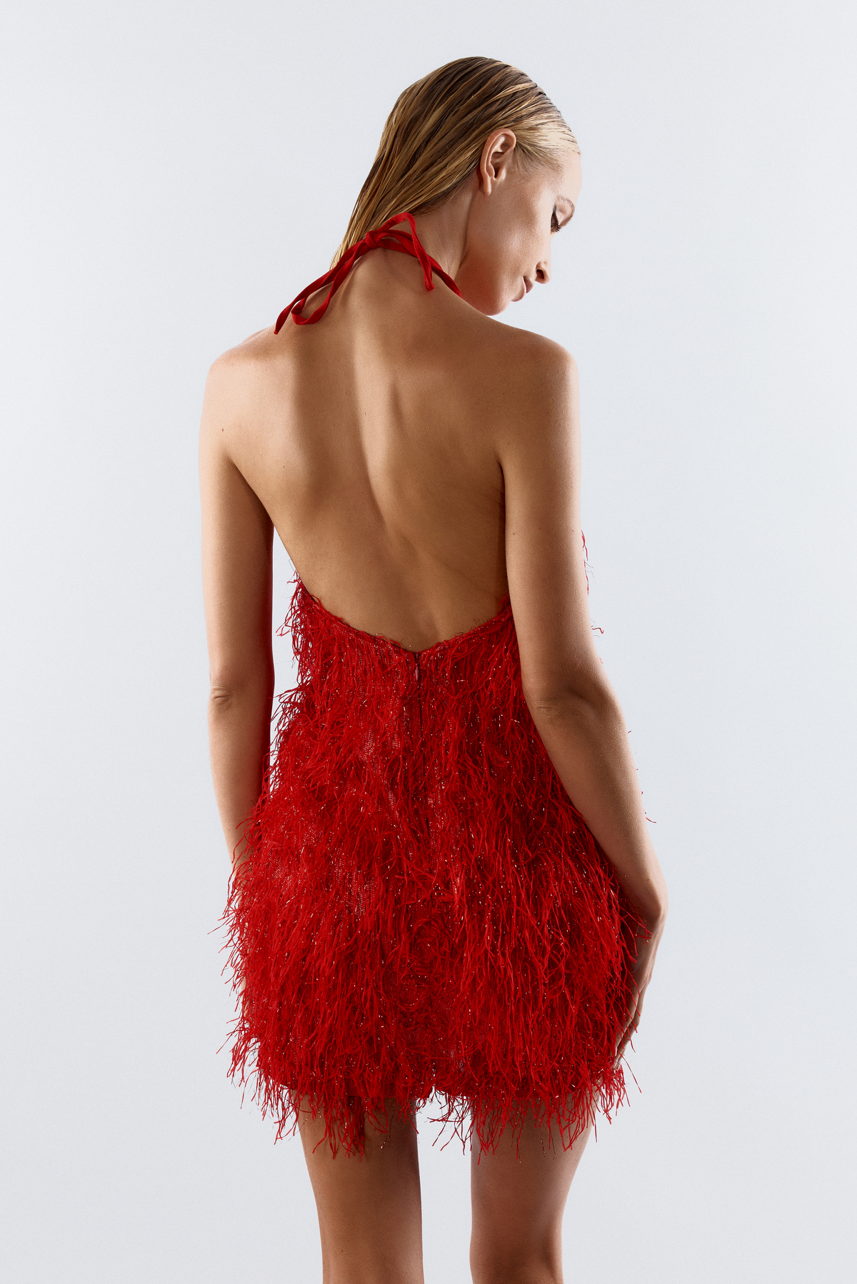 BECKY Halter Neck Feathered Red Mini Dress