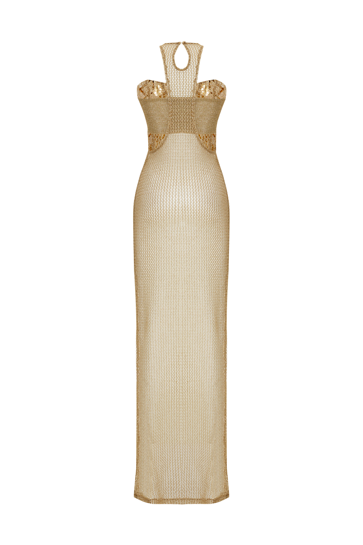 Gold Armor Halter Neck Art Deco Dress with Bustier Detail