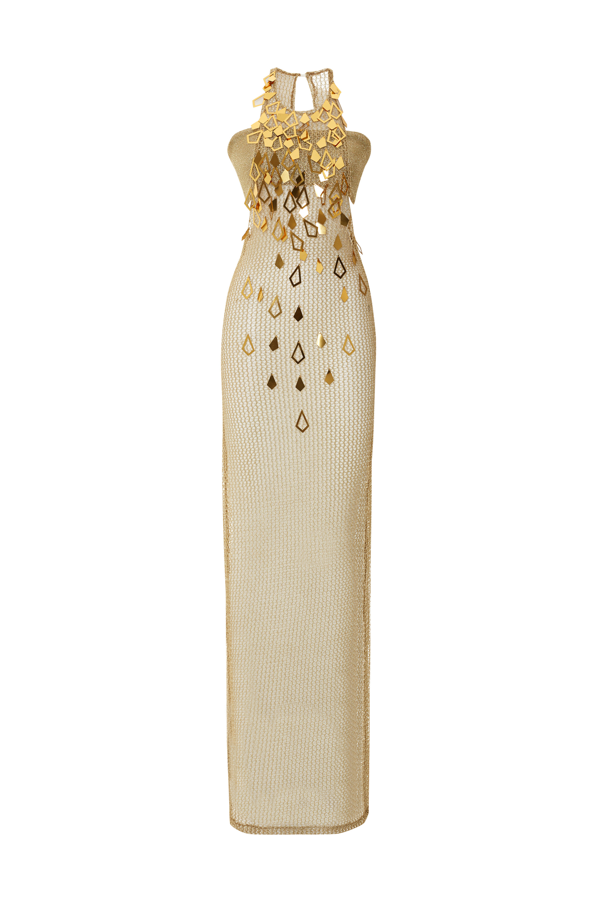 Gold Armor Halter Neck Art Deco Dress with Bustier Detail