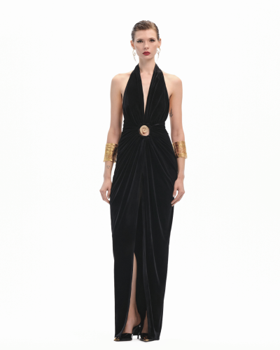 Gold Spiral Detailed Maxi Velvet Dress