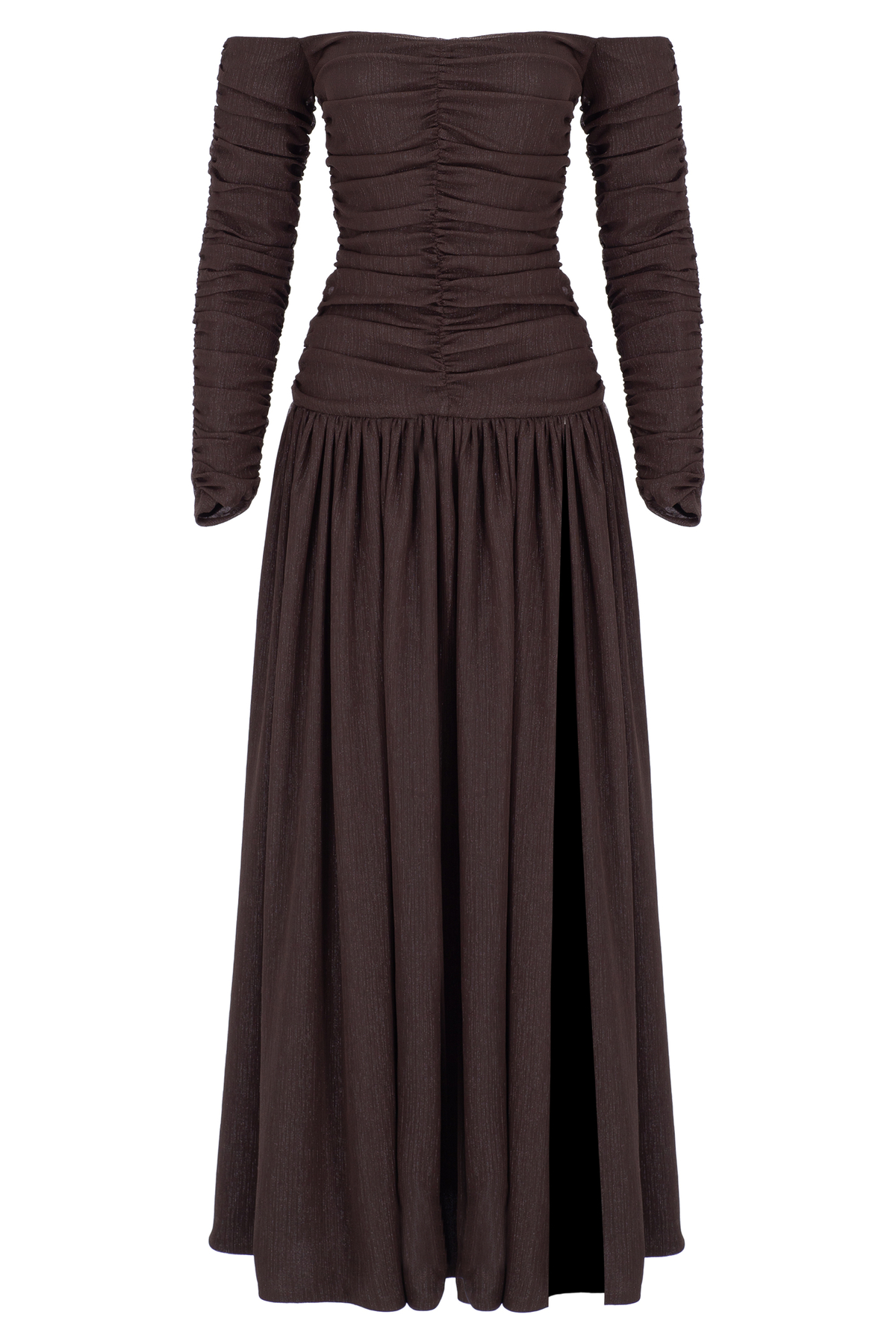 HELENE Shirred Maxi Dress with Deep Slit Detail