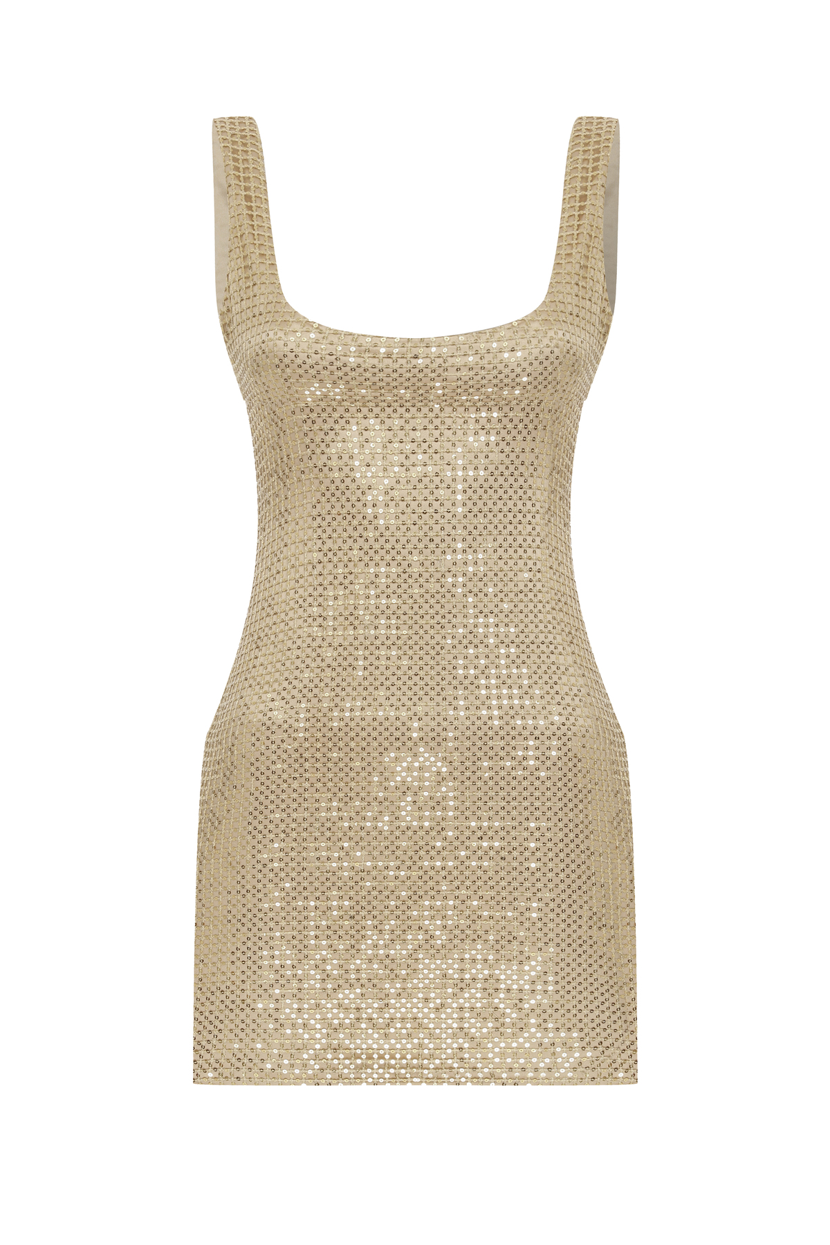 IZABEL Sequin Detailed Square Neck Mini Gold Dress