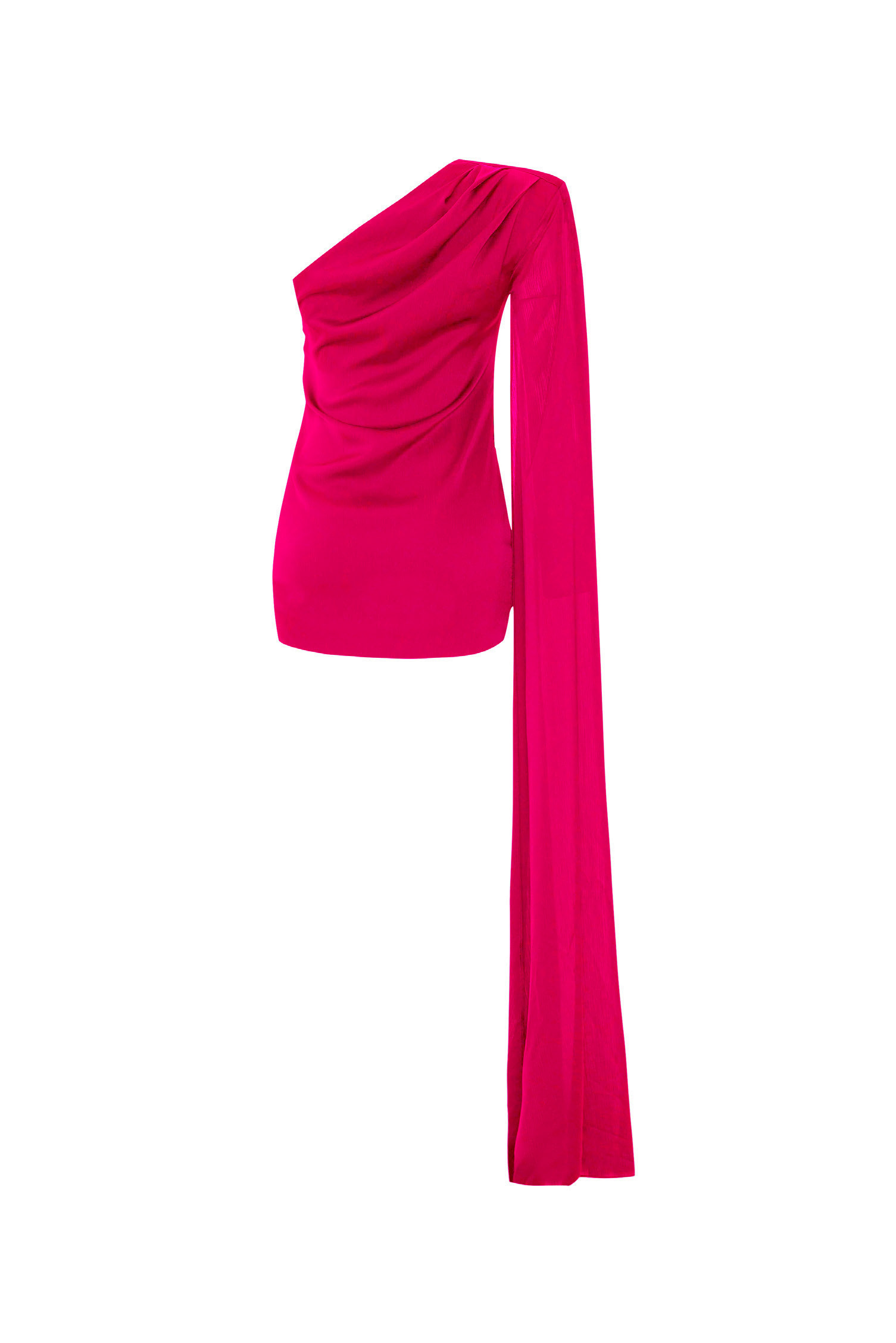 One Shoulder Asymmetric Drape Detailed Fuchsia Mini Dress