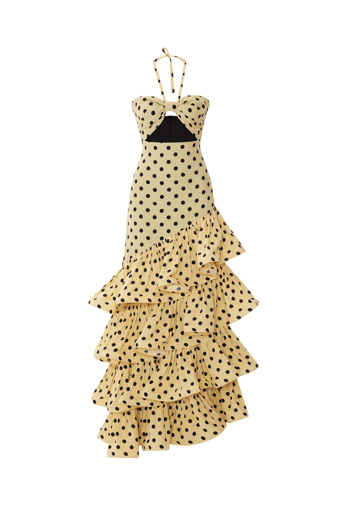 Polka Dot Patterned Maxi Dress with Asymmetrical Frill Detail