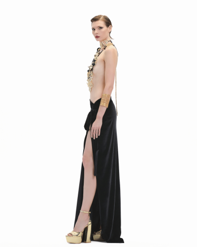 Tie Detailed Velvet Maxi Skirt